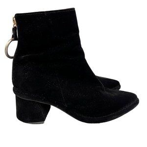 Reike Nen Bootie Ankle Boot Black Velvet Ring Zipper Pull US 7.5 Chunky Heel